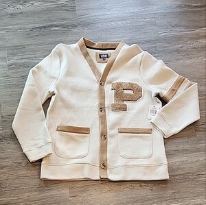 NWT DR Essentials Mens TAN/BONE Fleece Cardigan Varsity Sweater Meduim